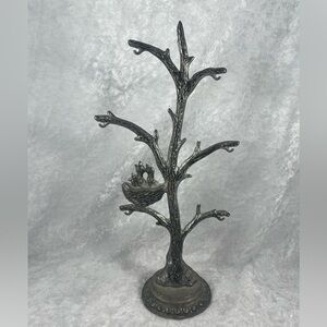 Vintage Spanish Metal Jewelry Hanger Holder Tree with Baby Birds in Nest